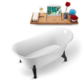  N1080 59'' Vintage Oval Soaking Clawfoot Bathtub, White Exterior, White Interior, Black Clawfoot, Gold Drain, with Bamboo Tray