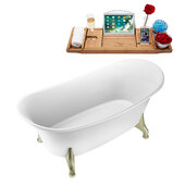  N1080 59'' Vintage Oval Soaking Clawfoot Tub, White Exterior, White Interior, Brushed Nickel Clawfoot, Gold Drain, w/ Bamboo Tray