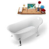 N1080 59'' Vintage Oval Soaking Clawfoot Bathtub, White Exterior, White Interior, Chrome Clawfoot, Gold Drain, with Bamboo Tray