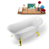  N1080 59'' Vintage Oval Soaking Clawfoot Bathtub, White Exterior, White Interior, Gold Clawfoot, Gold Drain, with Bamboo Tray
