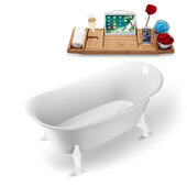  N1080 59'' Vintage Oval Soaking Clawfoot Bathtub, White Exterior, White Interior, White Clawfoot, Gold Drain, with Bamboo Tray