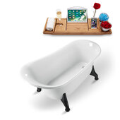  N1100 59'' Vintage Oval Soaking Clawfoot Bathtub, White Exterior, White Interior, Black Clawfoot, Gold Drain, with Bamboo Tray