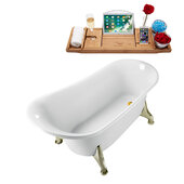  N1100 59'' Vintage Oval Soaking Clawfoot Tub, White Exterior, White Interior, Brushed Nickel Clawfoot, Gold Drain, w/ Bamboo Tray