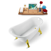  N1100 59'' Vintage Oval Soaking Clawfoot Bathtub, White Exterior, White Interior, Gold Clawfoot, Gold Drain, with Bamboo Tray