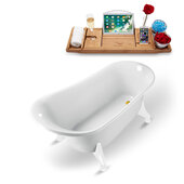  N1100 59'' Vintage Oval Soaking Clawfoot Bathtub, White Exterior, White Interior, White Clawfoot, Gold Drain, with Bamboo Tray