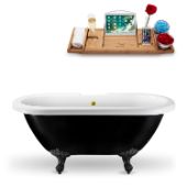  59'' Black Exterior White Interior Black Clawfoot Tub, Included External Drain In Polished Gold and FREE Natural Bamboo Wood Tray, 59-1/16''W x 28-3/8''D x 26''H