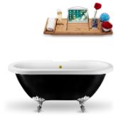  59'' Black Exterior White Interior Chrome Clawfoot Tub, Included External Drain In Polished Gold and FREE Natural Bamboo Wood Tray, 59-1/16''W x 28-3/8''D x 26''H