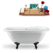  67'' Oval Bathtub In White With Black Clawfoot, Included External Drain In Polished Gold, and FREE Natural Bamboo Wood Tray, 66-15/16''W x 29-1/8''D x 26''H