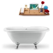  67'' Oval Bathtub In White With Chrome Clawfoot, Included External Drain In Polished Chrome, and FREE Natural Bamboo Wood Tray, 66-15/16''W x 29-1/8''D x 26''H