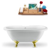  67'' Oval Bathtub In White With Gold Clawfoot, Included External Drain In Polished Chrome, and FREE Natural Bamboo Wood Tray, 66-15/16''W x 29-1/8''D x 26''H