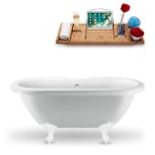  67'' Oval Bathtub In White With White Clawfoot, Included External Drain In Polished Chrome, and FREE Natural Bamboo Wood Tray, 66-15/16''W x 29-1/8''D x 26''H