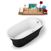  N1161 59'' Modern Oval Soaking Freestanding Bathtub, Black Exterior, White Interior, Brushed Nickel Internal Drain, with Bamboo Tray