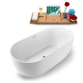  N1241 59'' Modern Oval Soaking Freestanding Bathtub, White Exterior, White Interior, Brushed Nickel Internal Drain, with Bamboo Tray