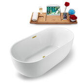 N1241 59'' Modern Oval Soaking Freestanding Bathtub, White Exterior, White Interior, Gold Internal Drain, with Bamboo Tray