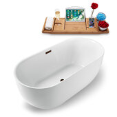  N1241 59'' Modern Oval Soaking Freestanding Bathtub, White Exterior, White Interior, Oil Rubbed Bronze Drain, with Bamboo Tray