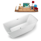  N1261 59'' Modern Rectangular Soaking Freestanding Bathtub, White Exterior, White Interior, Brushed Nickel Drain, with Bamboo Tray