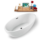  N1301 59'' Modern Oval Soaking Freestanding Bathtub, White Exterior, White Interior, Black Internal Drain, with Bamboo Tray