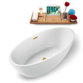  N1301 59'' Modern Oval Soaking Freestanding Bathtub, White Exterior, White Interior, Gold Internal Drain, with Bamboo Tray