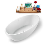  N1301 59'' Modern Oval Soaking Freestanding Bathtub, White Exterior, White Interior, White Internal Drain, with Bamboo Tray