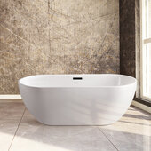  N140 59'' Modern Oval Soaking Freestanding Bathtub, White Exterior, White Interior, Black Internal Drain, with Bamboo Tray