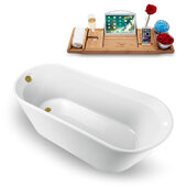  61'' W Freestanding Oval Bathtub in White with Brushed Gold Internal Drain and FREE Natural Bamboo Wooden Tray
