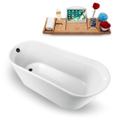  61'' W Freestanding Oval Bathtub in White with Brushed Gun Metal Internal Drain and FREE Natural Bamboo Wooden Tray