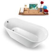  61'' W Freestanding Oval Bathtub in White with Brushed Nickel Internal Drain and FREE Natural Bamboo Wooden Tray