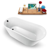  65'' W Freestanding Oval Bathtub in White with Brushed Gun Metal Internal Drain and FREE Natural Bamboo Wooden Tray