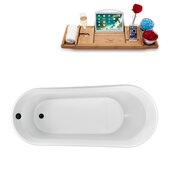  N1522 69'' Modern Oval Soaking Freestanding Bathtub, White Exterior, White Interior, Black Internal Drain, with Bamboo Tray