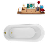  N1522 69'' Modern Oval Soaking Freestanding Bathtub, White Exterior, White Interior, Gold Internal Drain, with Bamboo Tray
