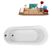  N1522 69'' Modern Oval Soaking Freestanding Bathtub, White Exterior, White Interior, Oil Rubbed Bronze Drain, with Bamboo Tray