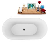  59'' Oval Freestanding Soaking Bathtub In White With Black Internal Drain and FREE Natural Bamboo Wooden Tray, 59-1/8''W x 28-5/16''D x 23-5/8''H