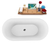  59'' Oval Freestanding Soaking Bathtub In White With Brushed Nickel Internal Drain and FREE Natural Bamboo Wooden Tray, 59-1/8''W x 28-5/16''D x 23-5/8''H