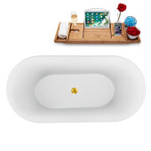 59'' Oval Freestanding Soaking Bathtub In White With Gold Internal Drain and FREE Natural Bamboo Wooden Tray, 59-1/8''W x 28-5/16''D x 23-5/8''H