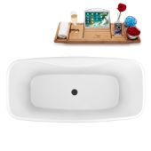  59'' Oval Freestanding Soaking Bathtub In White With Black Internal Drain and FREE Natural Bamboo Wooden Tray, 59-1/8''W x 28-5/16''D x 23-5/8''H