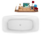  59'' Oval Freestanding Soaking Bathtub In White With Chrome Internal Drain and FREE Natural Bamboo Wooden Tray, 59-1/8''W x 28-5/16''D x 23-5/8''H