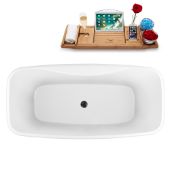  59'' Oval Freestanding Soaking Bathtub In White With Rubbed Oil Bronze Internal Drain and FREE Natural Bamboo Wooden Tray, 59-1/8''W x 28-5/16''D x 23-5/8''H