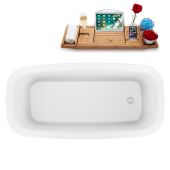  59'' Oval Freestanding Soaking Bathtub In White With Chrome Internal Drain and FREE Natural Bamboo Wooden Tray, 59-1/8''W x 28-5/16''D x 23-5/8''H