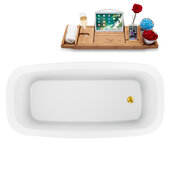 59'' Oval Freestanding Soaking Bathtub In White With Gold Internal Drain and FREE Natural Bamboo Wooden Tray, 59-1/8''W x 28-5/16''D x 23-5/8''H