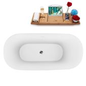  59'' Oval Freestanding Soaking Bathtub In White With Brushed Nickel Internal Drain and FREE Natural Bamboo Wooden Tray, 59-1/8''W x 28-5/16''D x 26-3/8''H