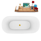  59'' Oval Freestanding Soaking Bathtub In White With Gold Internal Drain and FREE Natural Bamboo Wooden Tray, 59-1/8''W x 28-5/16''D x 26-3/8''H
