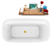  59'' Oval Freestanding Soaking Bathtub In White With Gold Internal Drain and FREE Natural Bamboo Wooden Tray, 59-1/8''W x 29-1/2''D x 22-13/16''H
