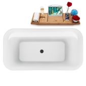  59'' Oval Freestanding Soaking Bathtub In White With Black Internal Drain and FREE Natural Bamboo Wooden Tray, 59-1/8''W x 30-11/16''D x 24-13/16''H