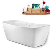  N1721 67'' Modern Rectangular Soaking Freestanding Bathtub, White Exterior, White Interior, Gold Internal Drain, with Bamboo Tray