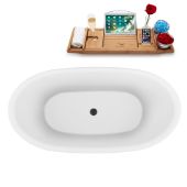  59'' Oval Freestanding Soaking Bathtub In White With Black Internal Drain and FREE Natural Bamboo Wooden Tray, 59-1/8''W x 29-7/8''D x 23-5/8''H