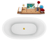  59'' Oval Freestanding Soaking Bathtub In White With Gold Internal Drain and FREE Natural Bamboo Wooden Tray, 59-1/8''W x 29-7/8''D x 23-5/8''H