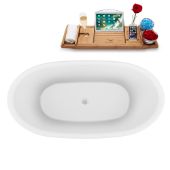  59'' Oval Freestanding Soaking Bathtub In White With White Internal Drain and FREE Natural Bamboo Wooden Tray, 59-1/8''W x 29-7/8''D x 23-5/8''H