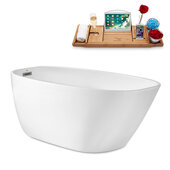  N1781 63'' Modern Oval Soaking Freestanding Bathtub, White Exterior, White Interior, Brushed Nickel Internal Drain, with Bamboo Tray