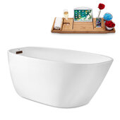  N1781 63'' Modern Oval Soaking Freestanding Bathtub, White Exterior, White Interior, Oil Rubbed Bronze Drain, with Bamboo Tray