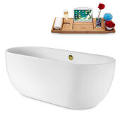  N1800 67'' Modern Oval Soaking Freestanding Bathtub, White Exterior, White Interior, Gold Internal Drain, with Bamboo Tray